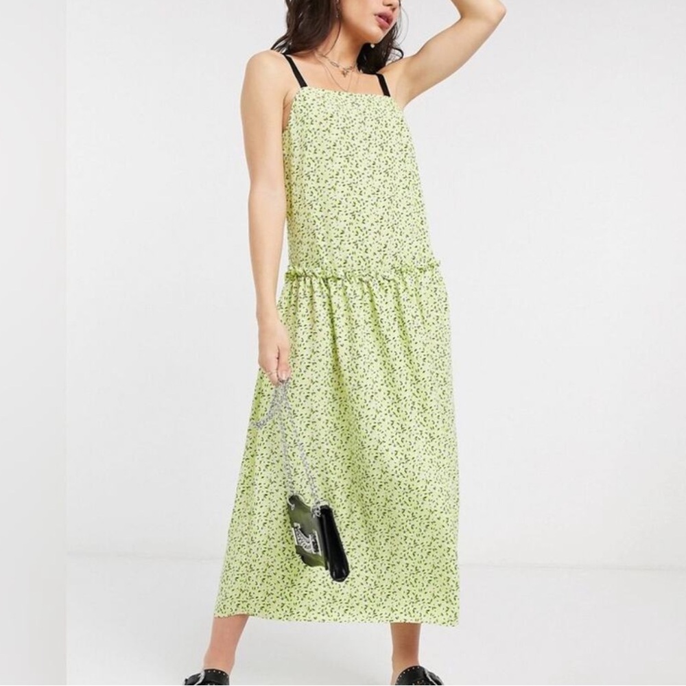 Topshop Dropped Waist Lime Green Floral Midi Dress Size 2